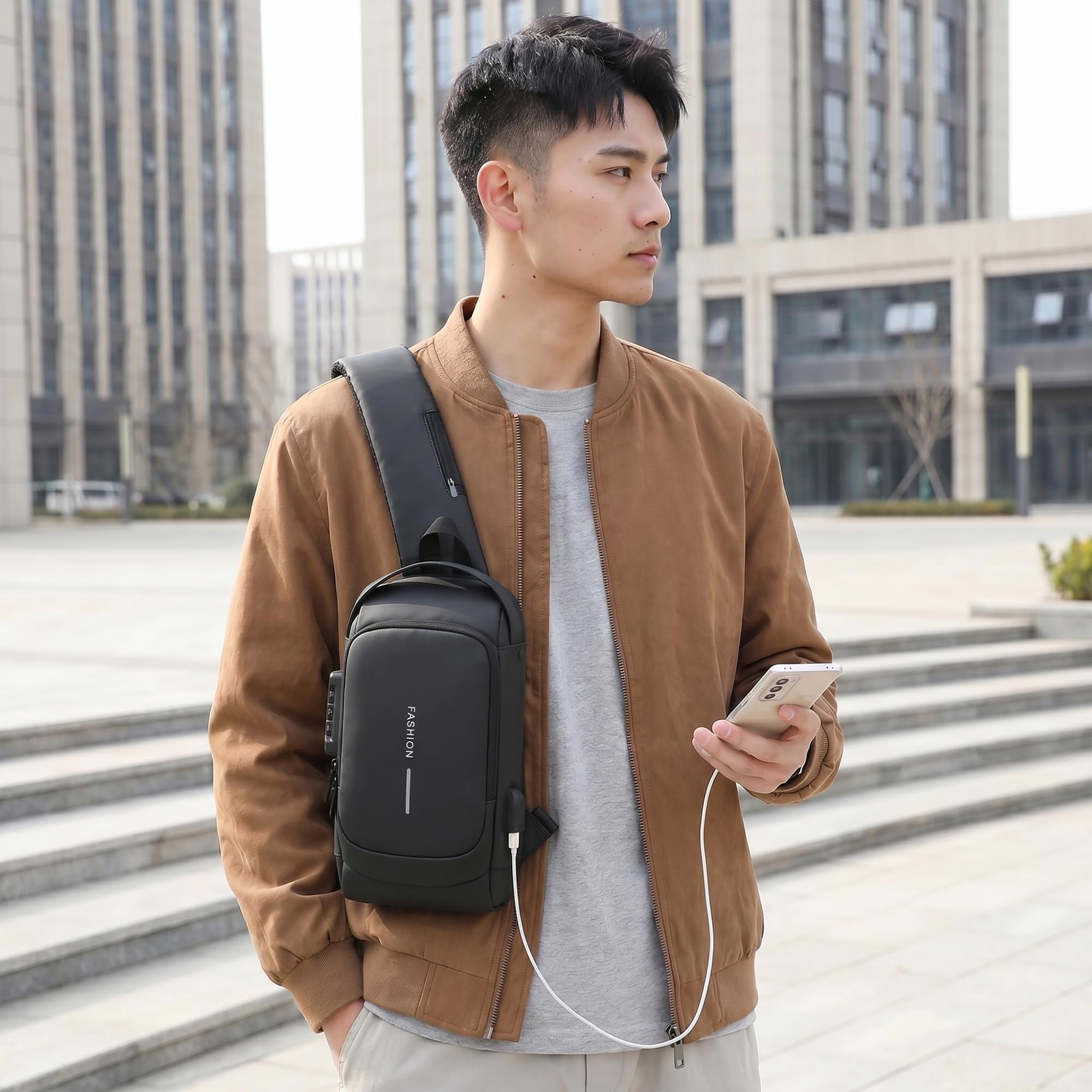 Crossbody Bag for Men and Women, Sling Chest and Shoulder Bag with Combination Lock, USB Access Port, Multiple Pockets, Water-Resistant Exterior for Travel and Daily Use (Black) - image 2