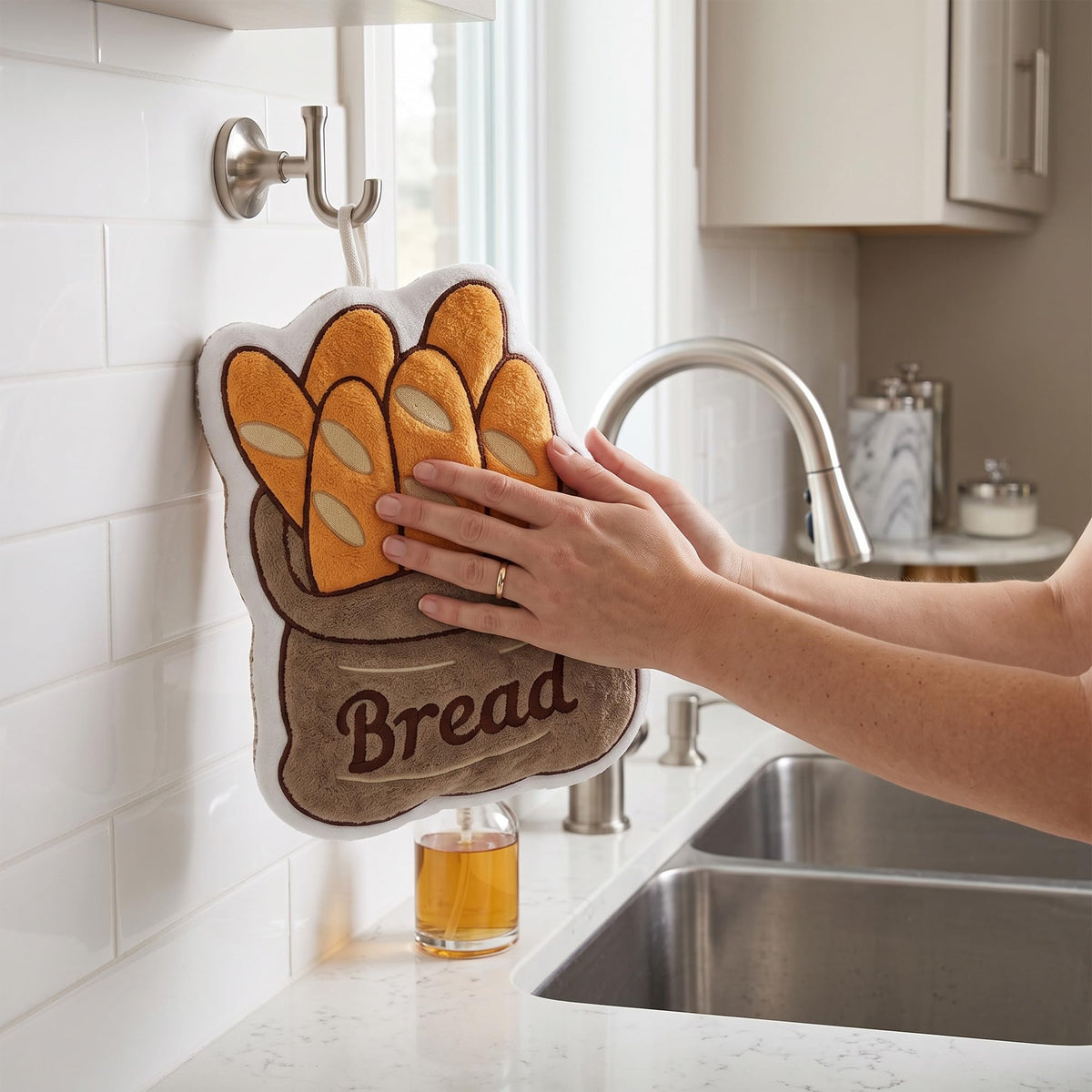 Microfiber Kitchen Towel with Hanging Loop, Soft Absorbent Quick-Dry Hand and Dish Cloth for Drying Hands, Dishes, Tables and Daily Home Cleaning, J-457B, Bread - image 6