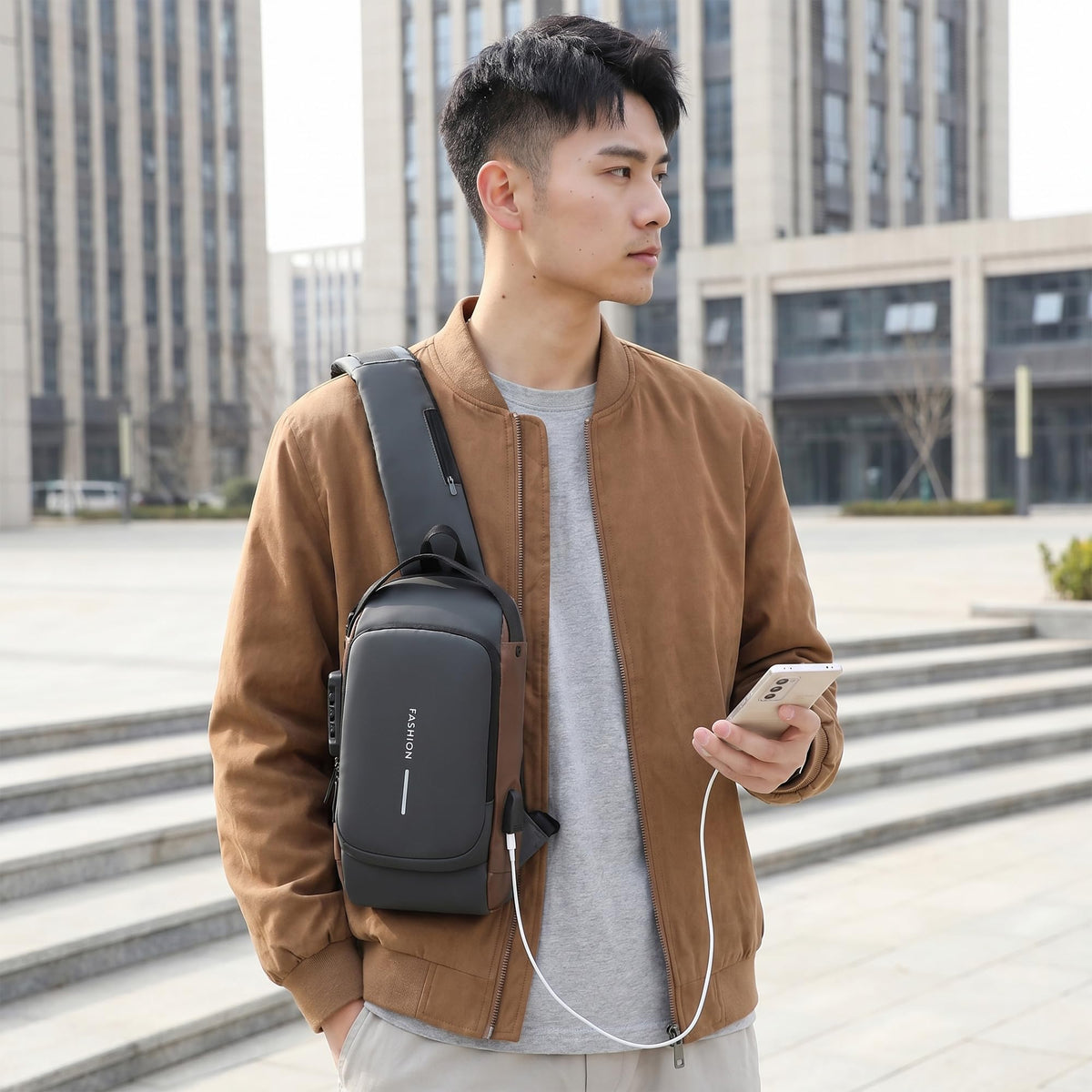 Crossbody Bag for Men and Women, Sling Chest Shoulder Backpack with Combination Lock, USB Access Port, Adjustable Strap, 2 Compartments and Water-Resistant Exterior for Travel (Grey & Brown) - image 2