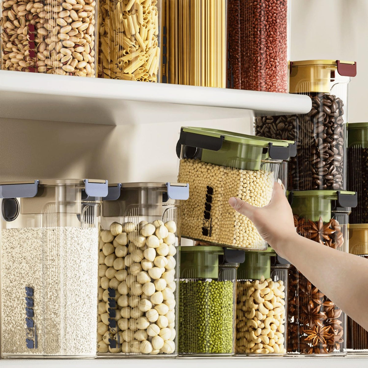 Food Storage Containers with Airtight Lids, Kitchen Storage Jars Set with 3 Rows of Clips, 2 Sealing Rings and Knob Cover, Grain Bottle for Cereal, Juice and Cold Water (Green, 4) - image 8