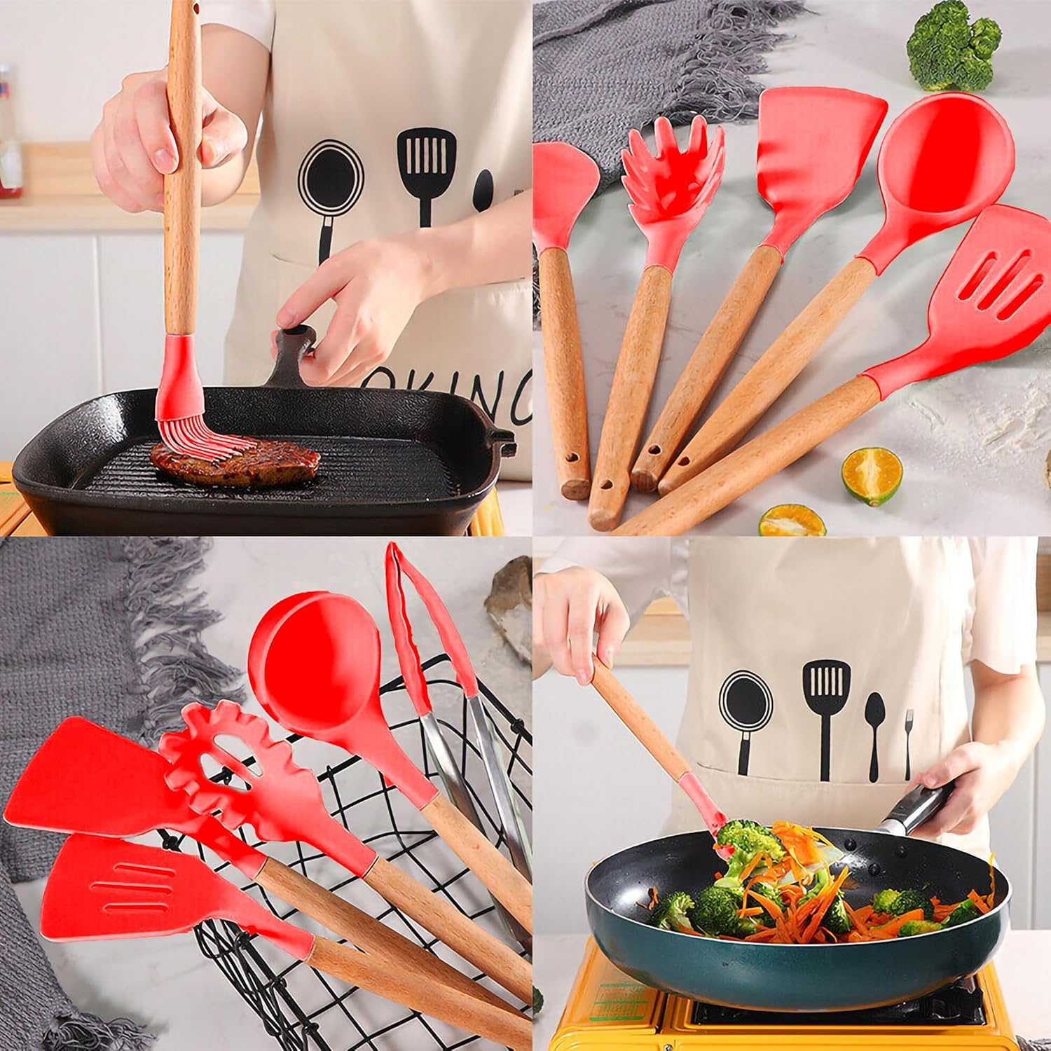 hanso Kitchen Utensils, Silicone Cooking Utensils with Holder, Non-stick Cookware Friendly & Heat Resistant, Includes Spatula Tong Whisk Ladle Brush Slotted Turner Spoon (Red) - image 7