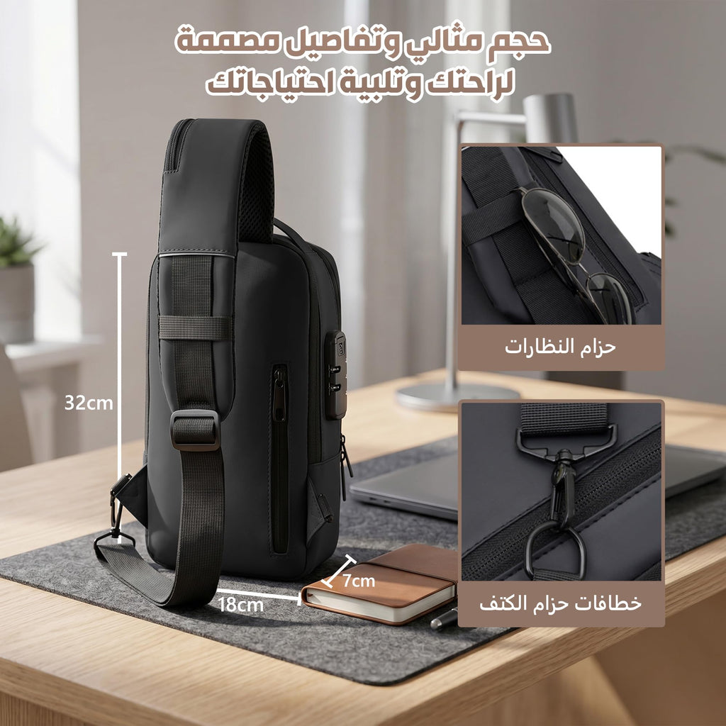 Crossbody Bag for Men and Women, Sling Chest and Shoulder Bag with Combination Lock, USB Access Port, Multiple Pockets and Water-Resistant Exterior for Travel and Daily Use (Black) - image 5