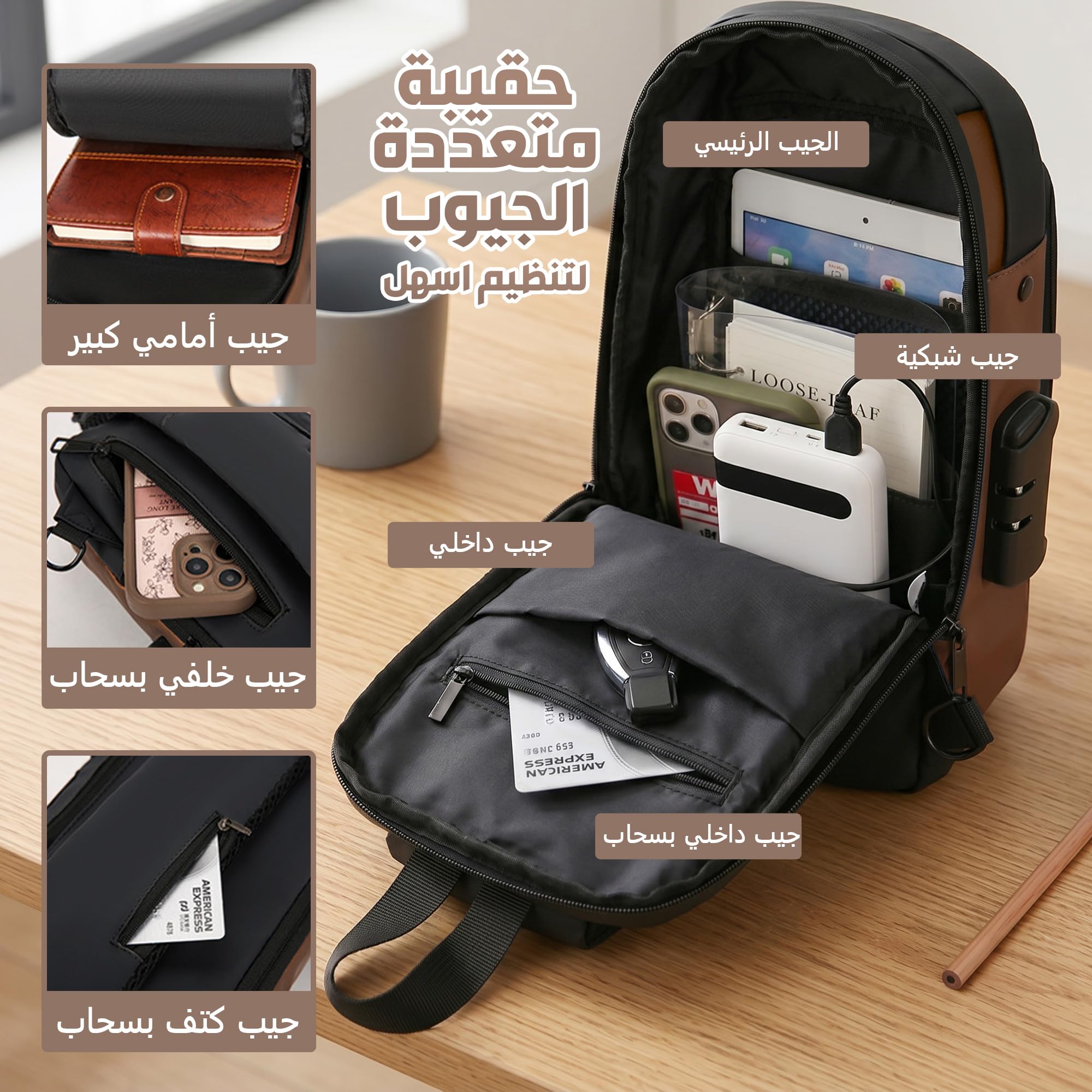 Crossbody Sling Bag for Men and Women, Chest and Shoulder Bag with Combination Lock, USB Access Port, Multiple Pockets and Water-Resistant Exterior (Black & Brown) - image 3