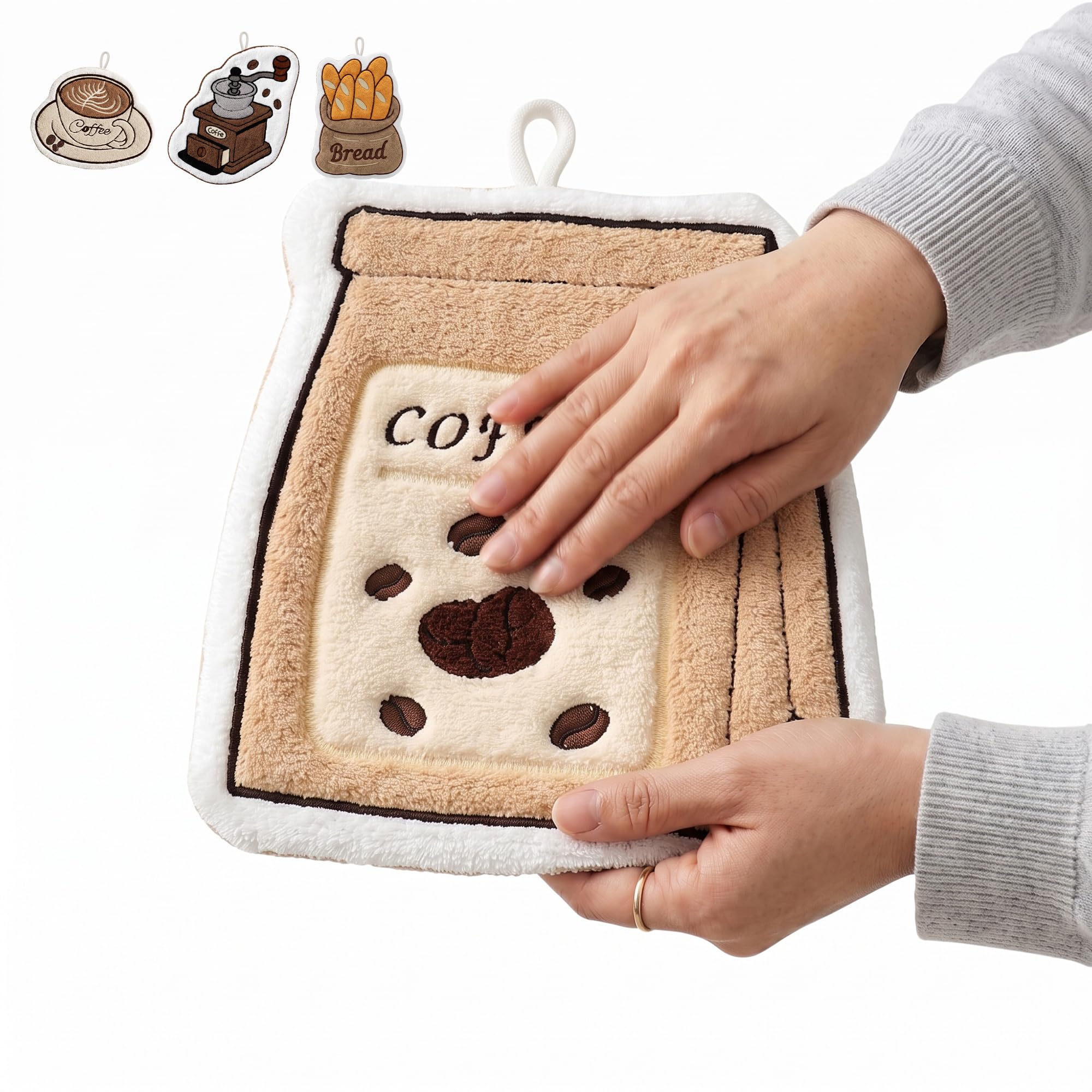 Hand Towel with Hanging Loop, Soft Absorbent Quick-Dry Fabric Towel for Bathroom, Kitchen, Face and Hand Drying, Compact Reusable Home Towel, J-457B, Coffee - image 1