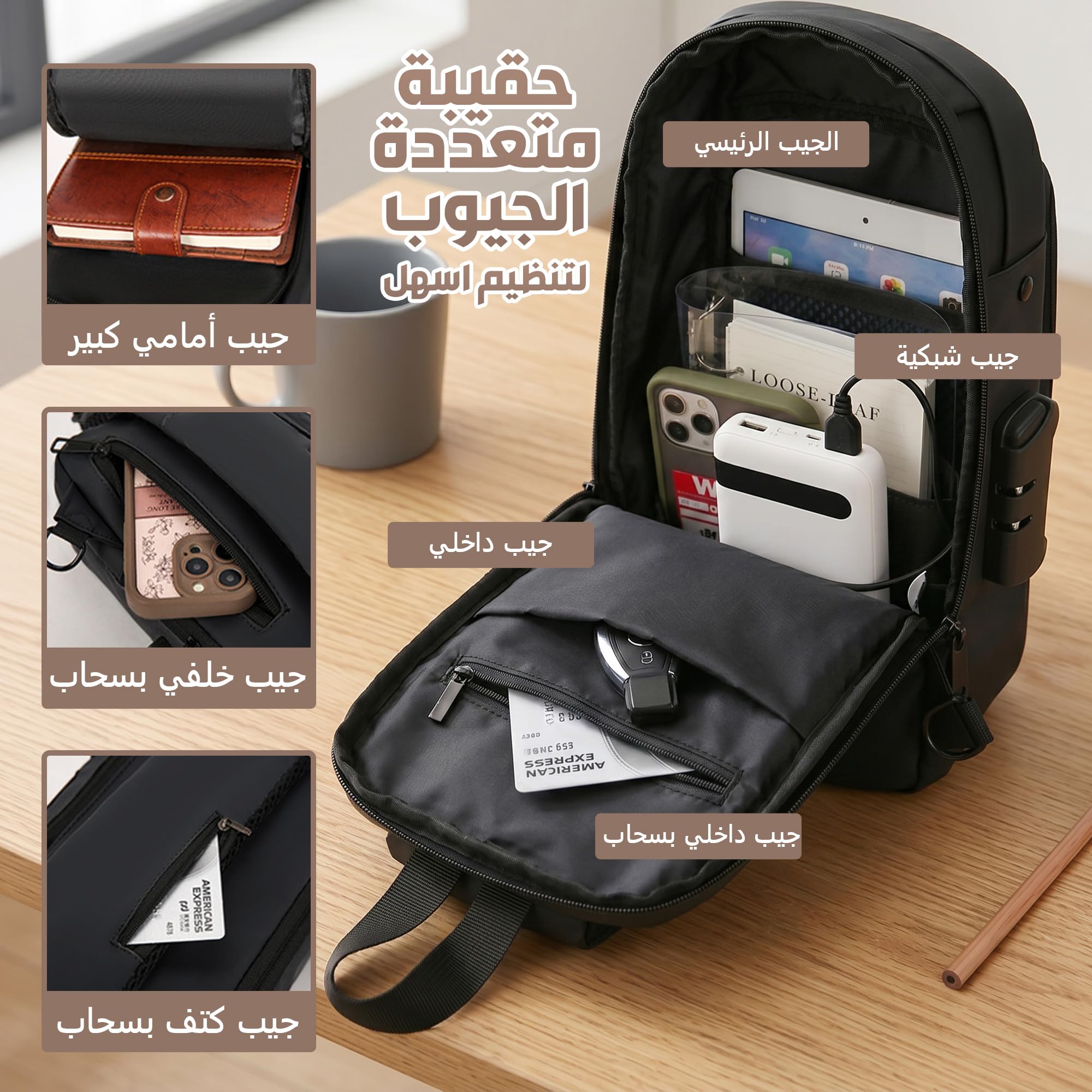 Crossbody Bag for Men and Women, Sling Chest and Shoulder Bag with Combination Lock, USB Access Port, Multiple Pockets and Water-Resistant Exterior for Travel and Daily Use (Black) - image 3