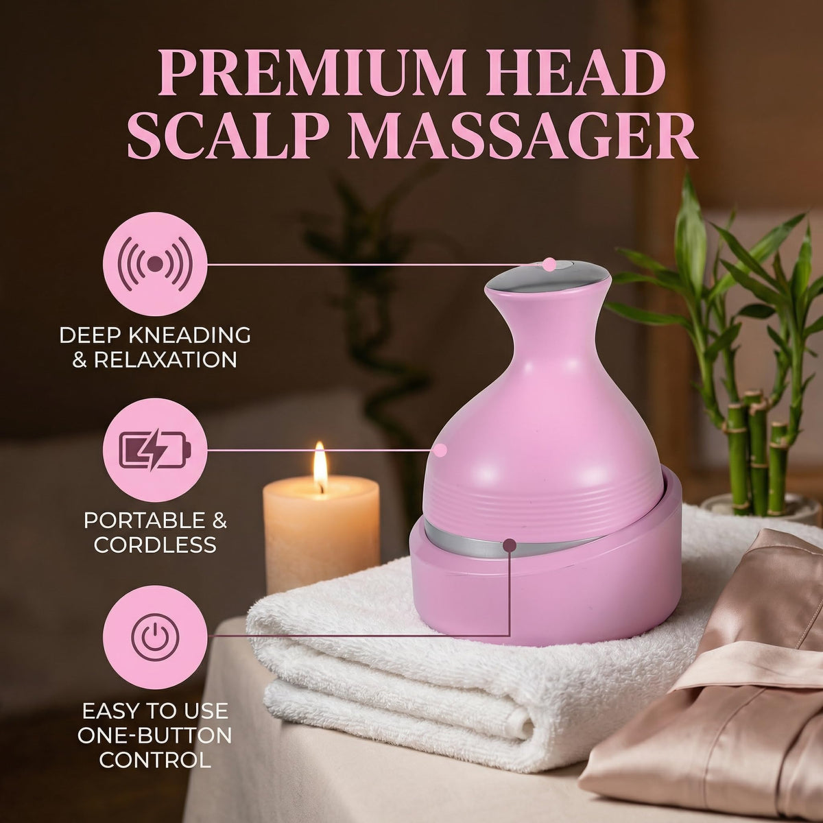 Scalp Massager Handheld Head Massage Tool, 3D Kneading Motion, Relaxing Daily Scalp Care for Stress Relief, Home and Travel Use (Pink) - image 2