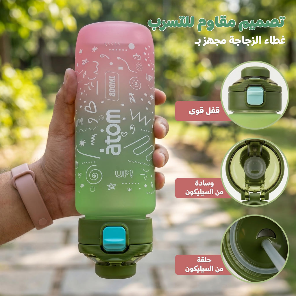 Water Bottle 800ml with Carry Handle, Leak-Resistant BPA-Free Plastic Sports Bottle for Gym, School, Travel, Office and Outdoor Use, FL-1266, Green - image 4