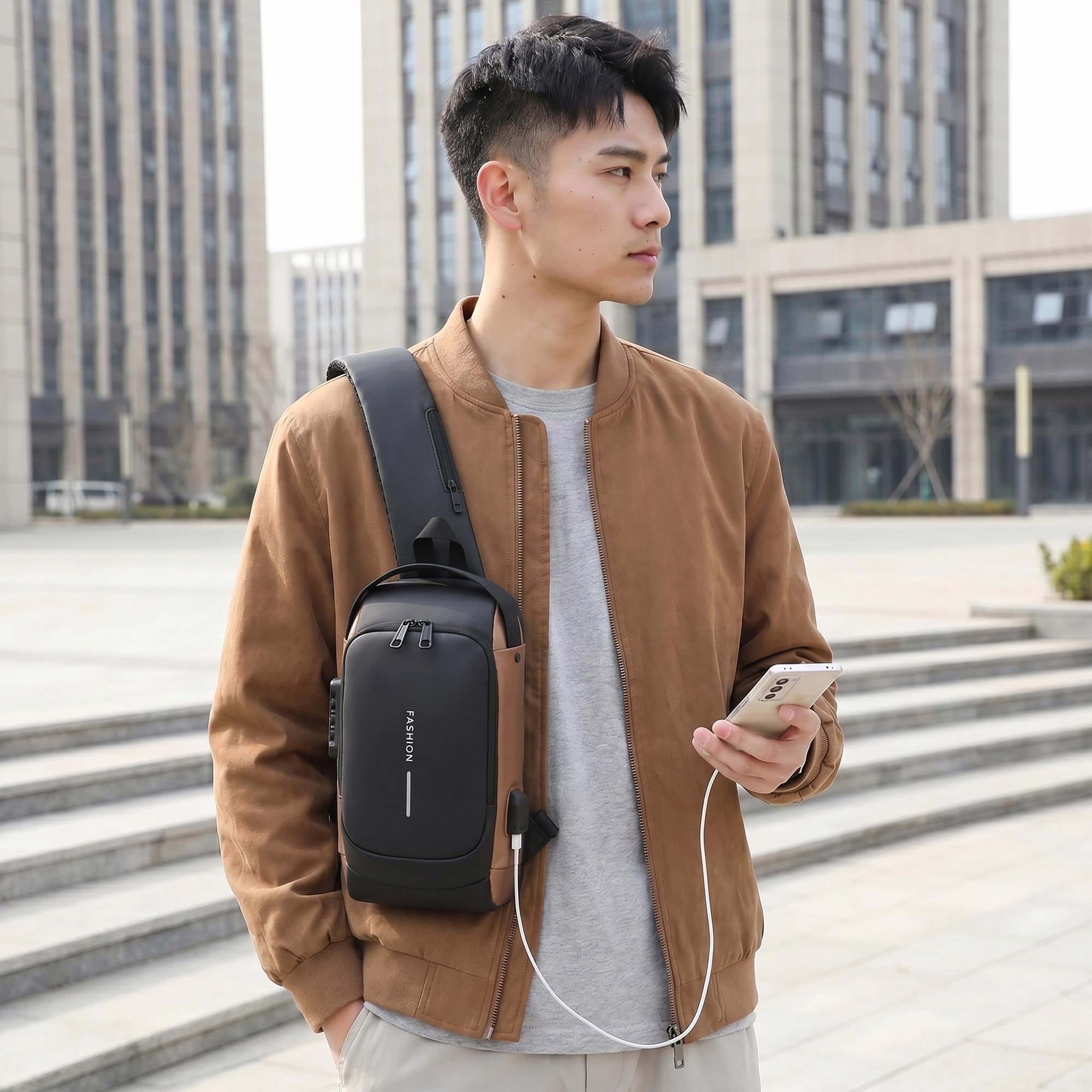 Crossbody Bag for Men and Women, Sling Chest and Shoulder Bag with Combination Lock, USB Access Port, Multiple Pockets, Water-Resistant Exterior for Travel and Daily Use (Black & Brown) - image 2
