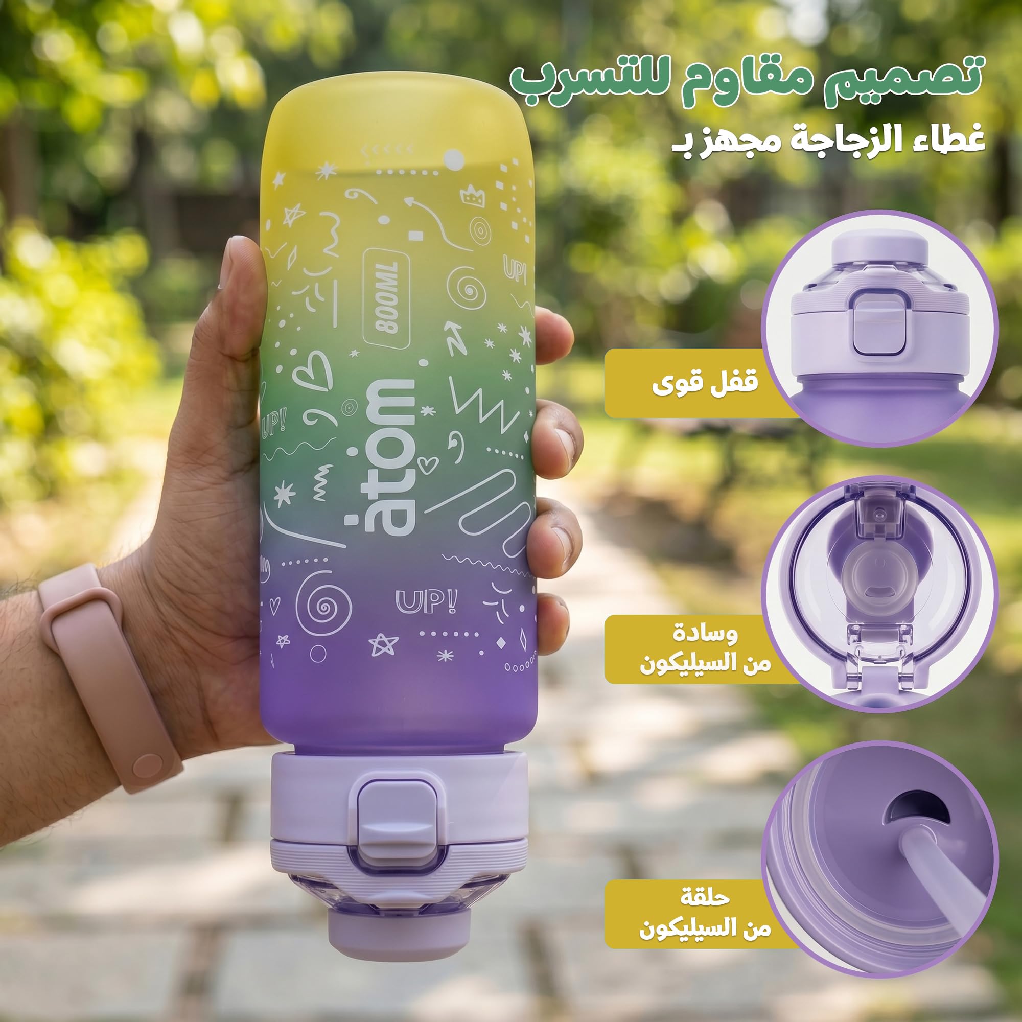 Water Bottle 800ml with Carry Handle, Leak-Resistant BPA-Free Plastic Sports Bottle for Gym, Fitness, School, Home, Outdoor Activities and Travel, FL-1266, Purple - image 4
