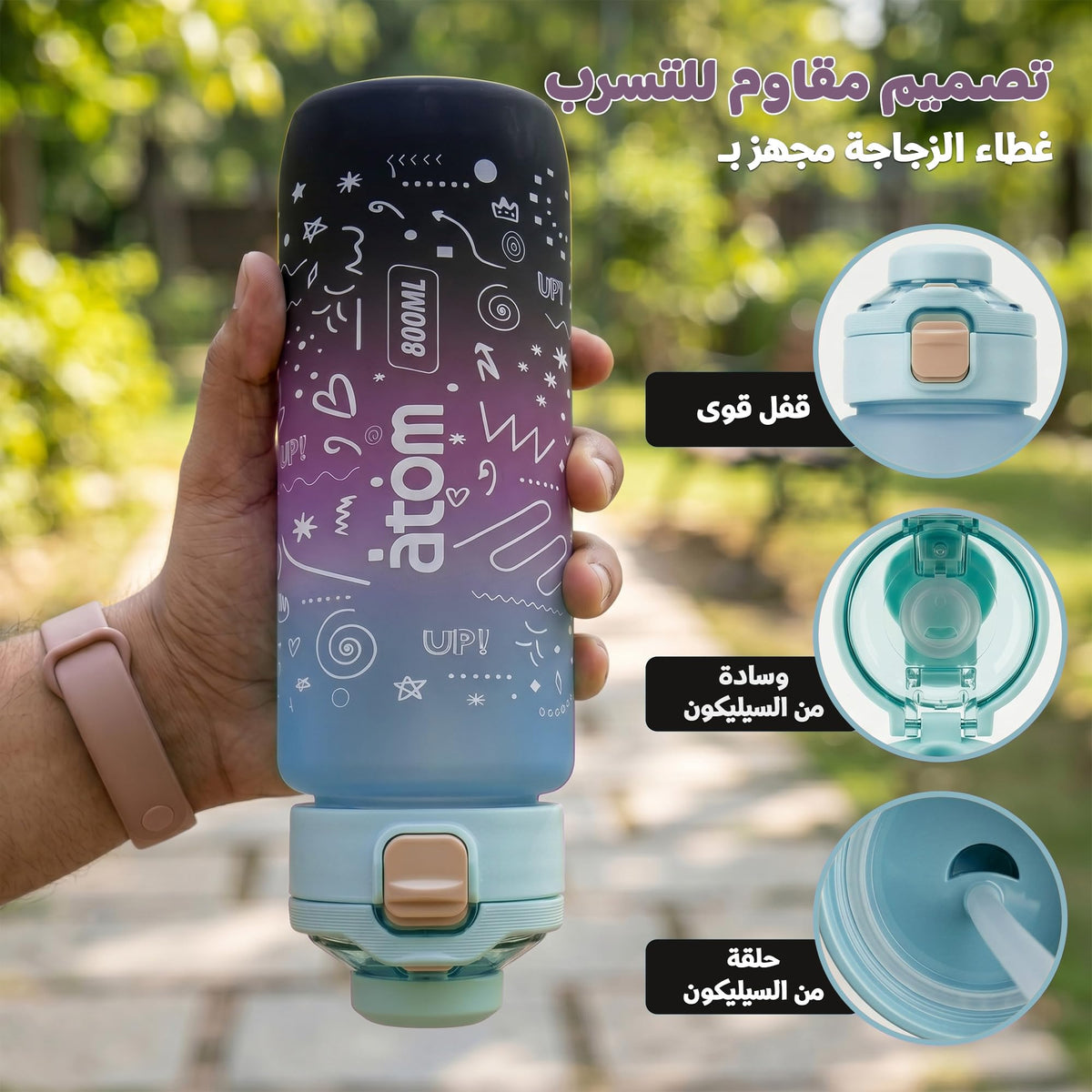 Water Bottle 800ml with Carry Handle, Leak-Resistant BPA-Free Plastic Sports Bottle for Gym, Fitness, School, Home, Outdoor Activities and Travel, FL-1266, Blue - image 4