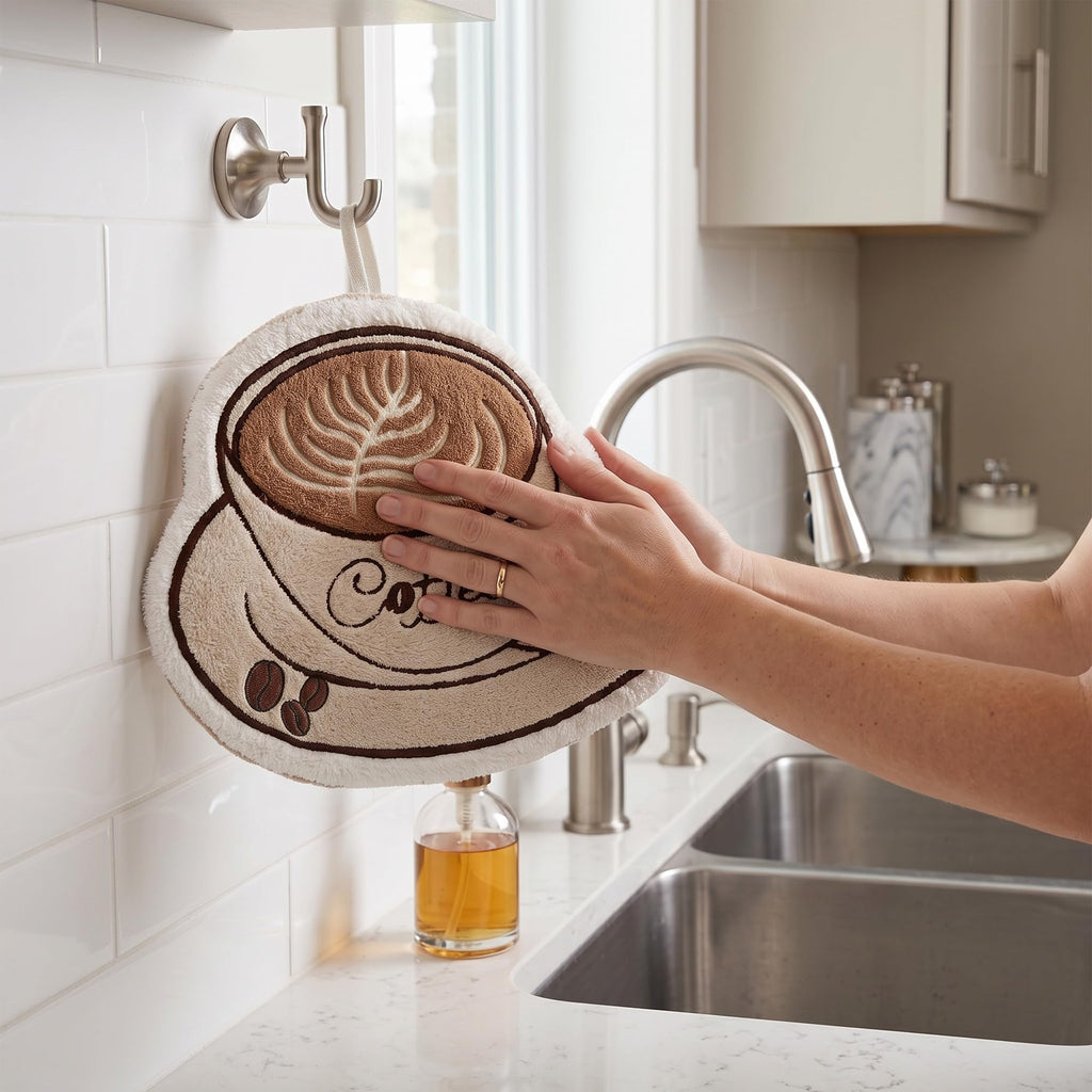 Microfiber Kitchen Towel, Soft Absorbent Hand Towel with Hanging Loop, Quick Dry Dish Cloth for Drying Hands, Dishes, Counters and Daily Cleaning, J-457B, Coffee Cup - image 6