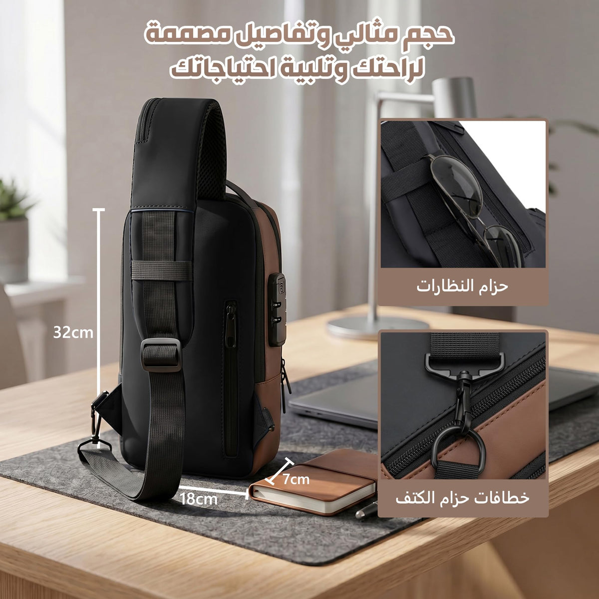 Crossbody Sling Bag for Men and Women, Chest and Shoulder Bag with Combination Lock, USB Access Port, Multiple Pockets and Water-Resistant Exterior (Black & Brown) - image 5