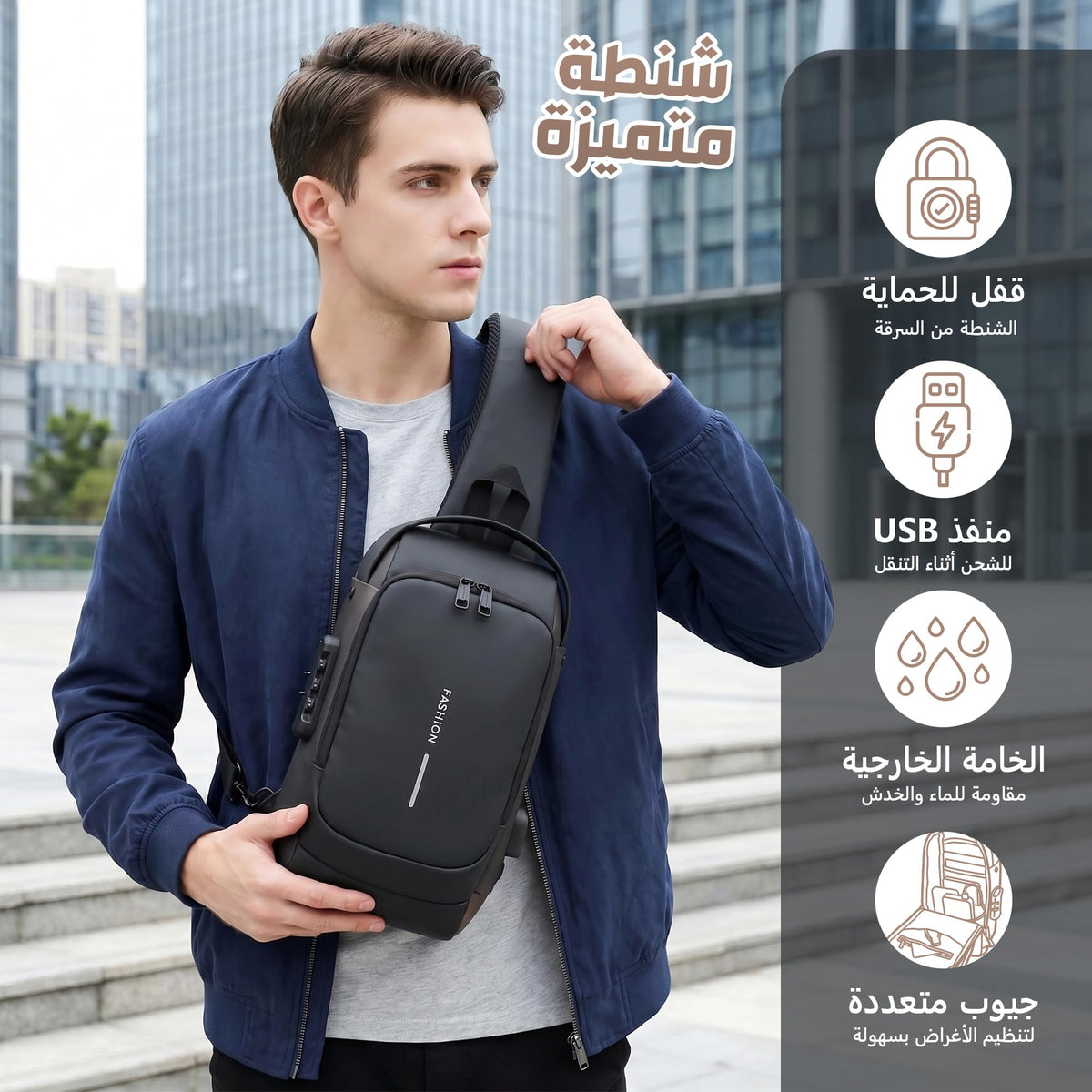 Crossbody Bag for Men and Women, Sling Chest and Shoulder Bag with Combination Lock, USB Access Port, Multiple Pockets and Water-Resistant Exterior for Travel and Daily Use (Black) - image 2