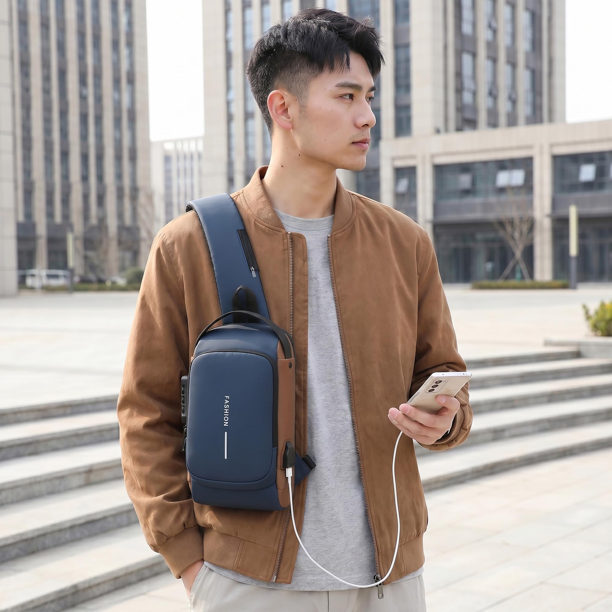 Crossbody Sling Bag for Men and Women, Chest and Shoulder Bag with Combination Lock, USB Access Port, Multiple Pockets, Adjustable Strap and Water-Resistant Exterior (Blue & Brown) - image 2