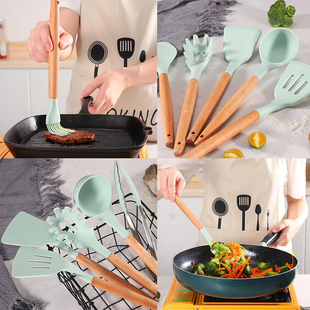 Silicone Kitchen Utensils Set 12 Pieces with Holder, Heat-Resistant Non-Scratch Cooking Tools for Non-Stick Cookware, Mixing, Serving and Food Preparation, Green - image 7
