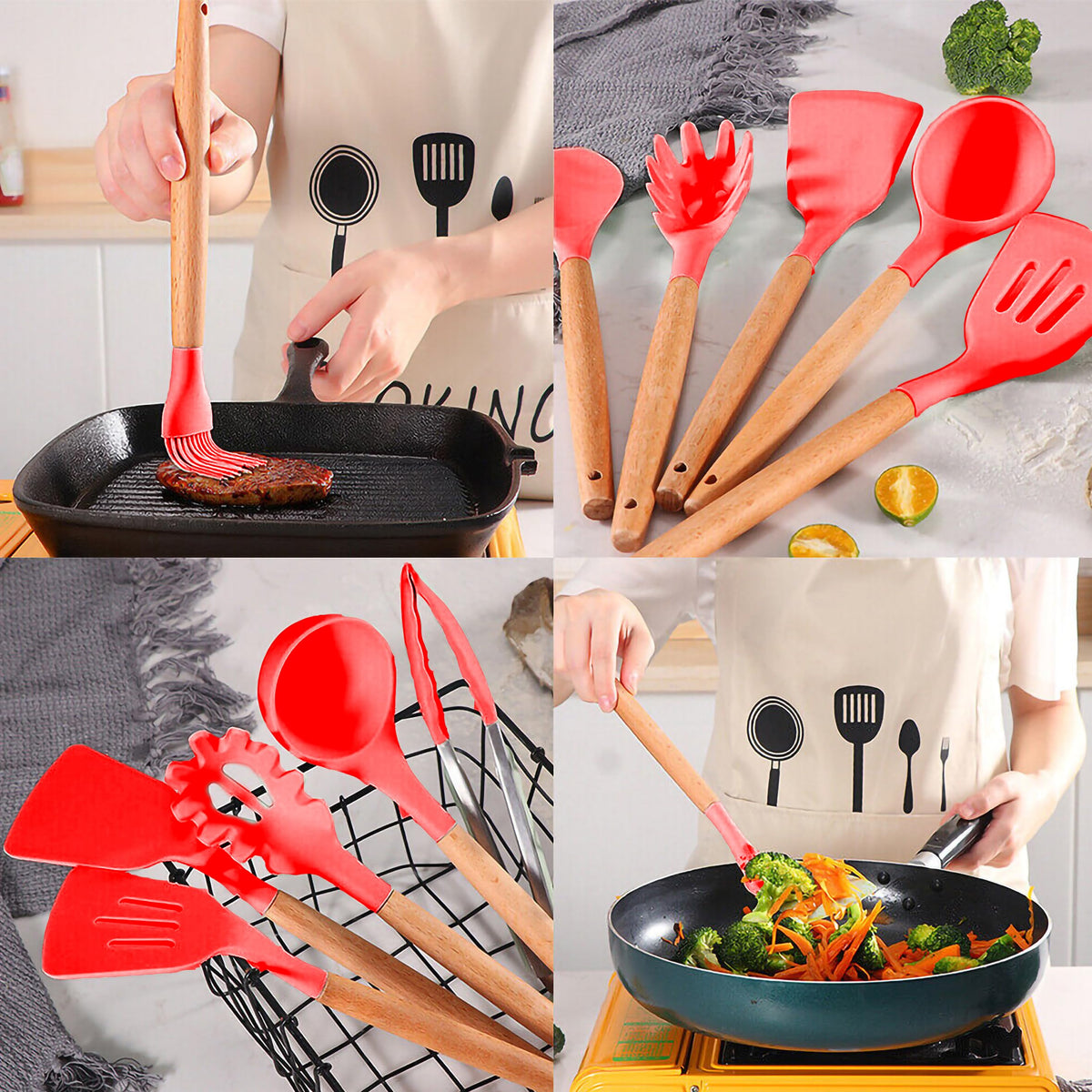 Silicone Cooking Utensils Set 12 PCS with Holder, Non-Stick Cookware Friendly Heat Resistant, Includes Spatula Tong Whisk Ladle Brush Turner Spoon (Red) - image 7